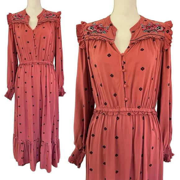 Farmers Market Embroidered V Neck Floral Maxi Dress Size L Coral Boho Trad Wife - Picture 1 of 9